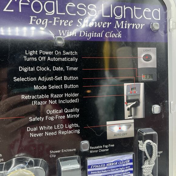 NEW Z’Fogless Fog Free Shower Mirror Lighted Clock Razor Holder Silver Gray 8x8 - Picture 7 of 8